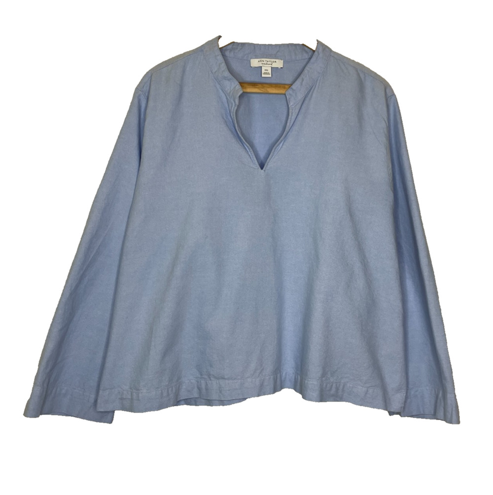Women's XXL Ann Taylor Blue Split Neck Cropped Blue Cotton Career Blouse